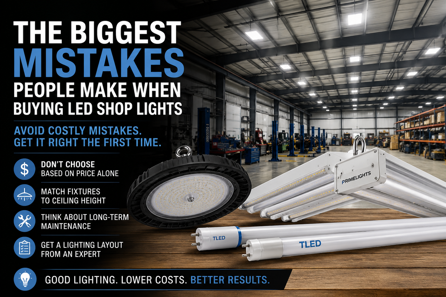 LED shop lighting in commercial warehouse illustrating the biggest mistakes to avoid when buying LED shop lights