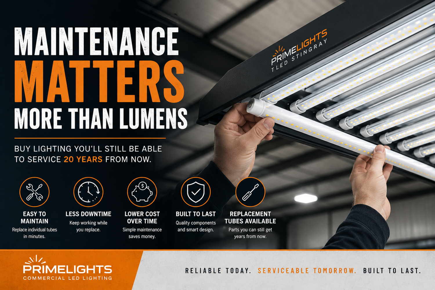 Technician replacing a TLED LED tube in a commercial shop lighting fixture, demonstrating easy maintenance and long-term serviceability.