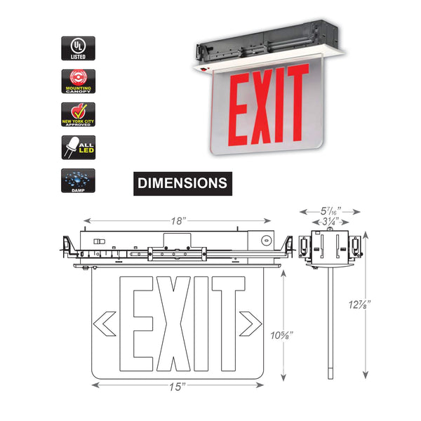 New York City Compliant Recessed Edge Lit Aluminum Red LED Exit Sign S ...