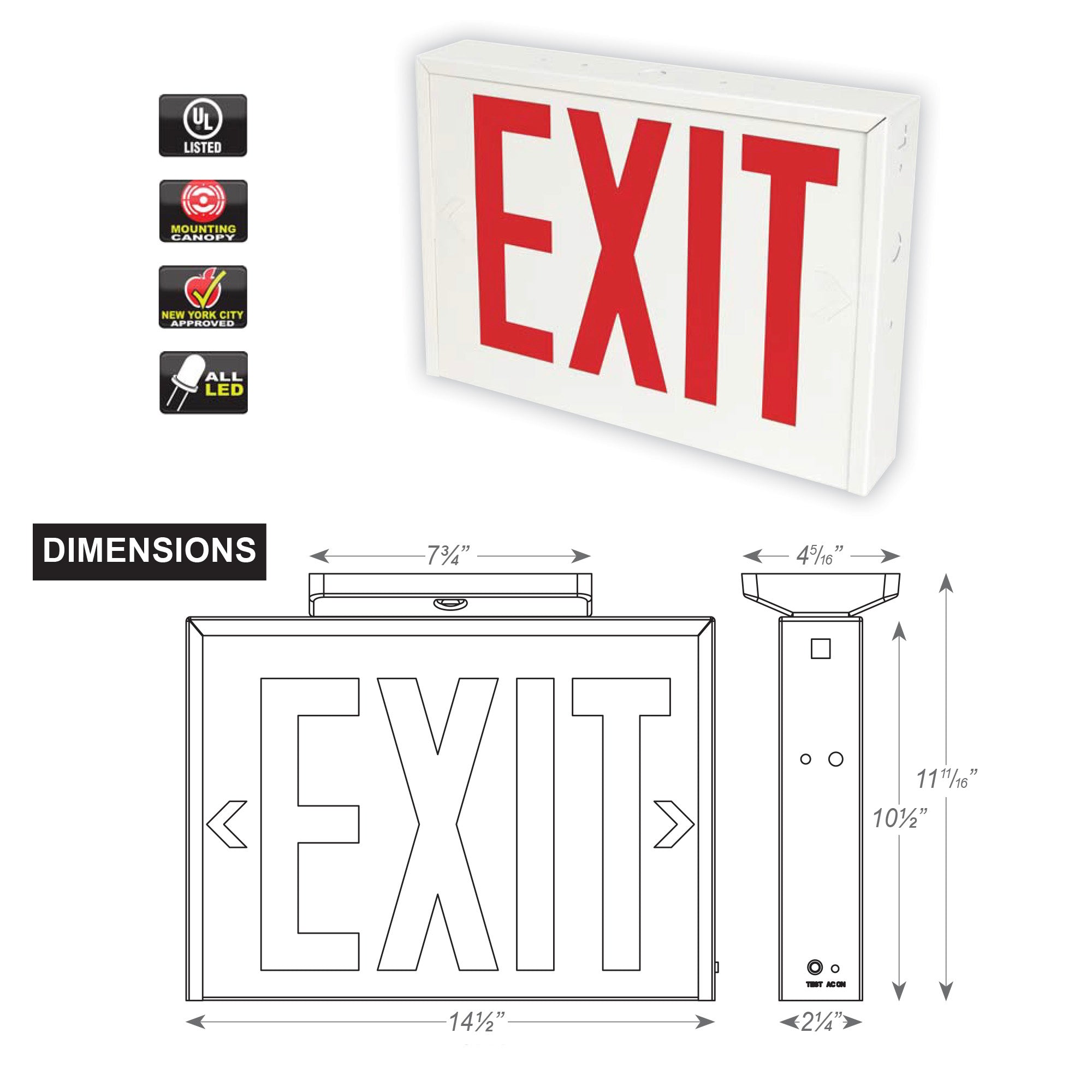 New York City Compliant STEEL Red LED Exit Sign Single or Double Face