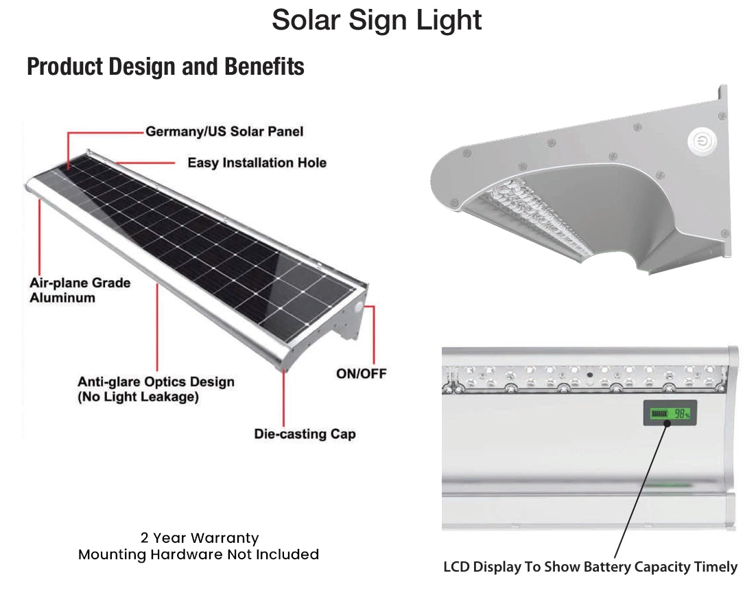 PrimeLights Solar - Solar Powered LED Sign Light Up to 12.5W, 2500 Lumens