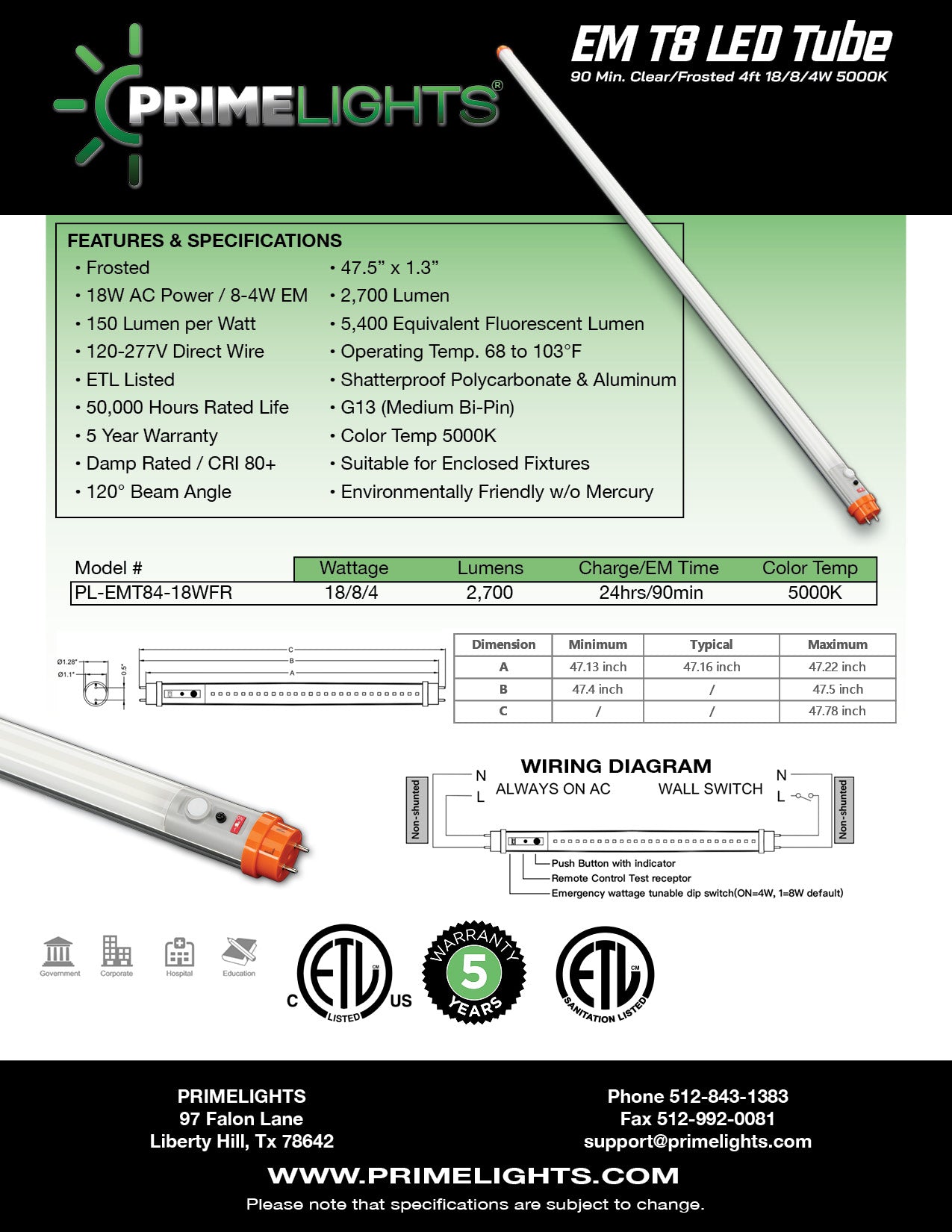 4' Ft. T8 LED 90Min EMERGENCY BATTERY Tube 18W Frosted 5000K