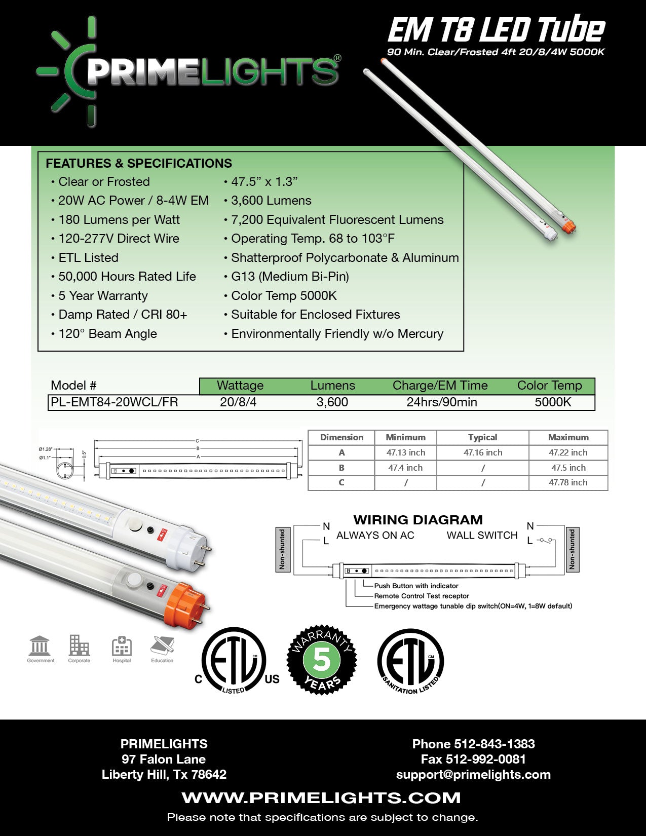 4ft. LED 4 Lamp STINGRAY® GEN 2: 90 Minute EM Battery Backup(Up to 15 ft Mounting Height) 80W - 14,400 Lumens - Clear/Frosted