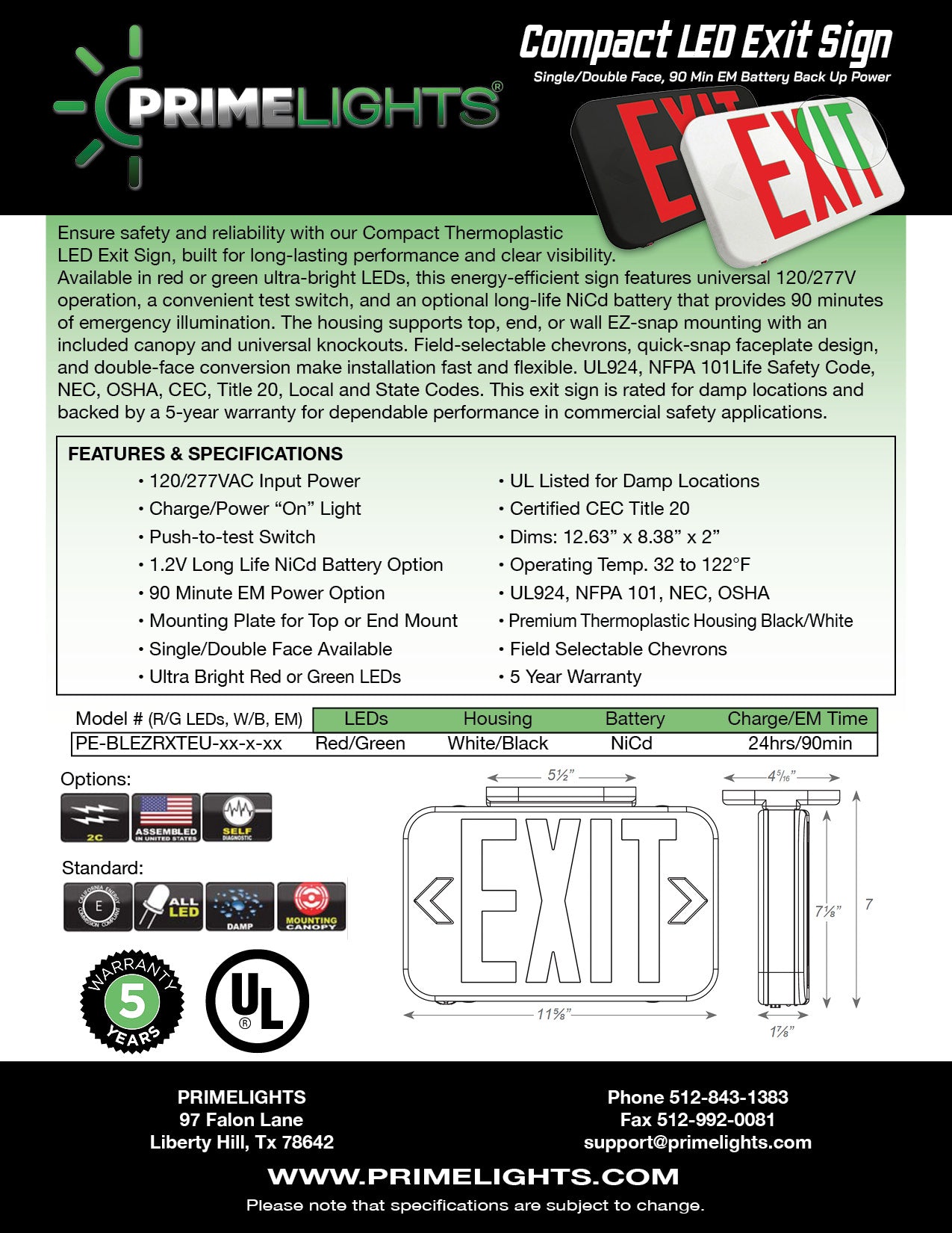 Red/Green LED Exit Sign White/Black Housing, Single or Double Face, Compact Design