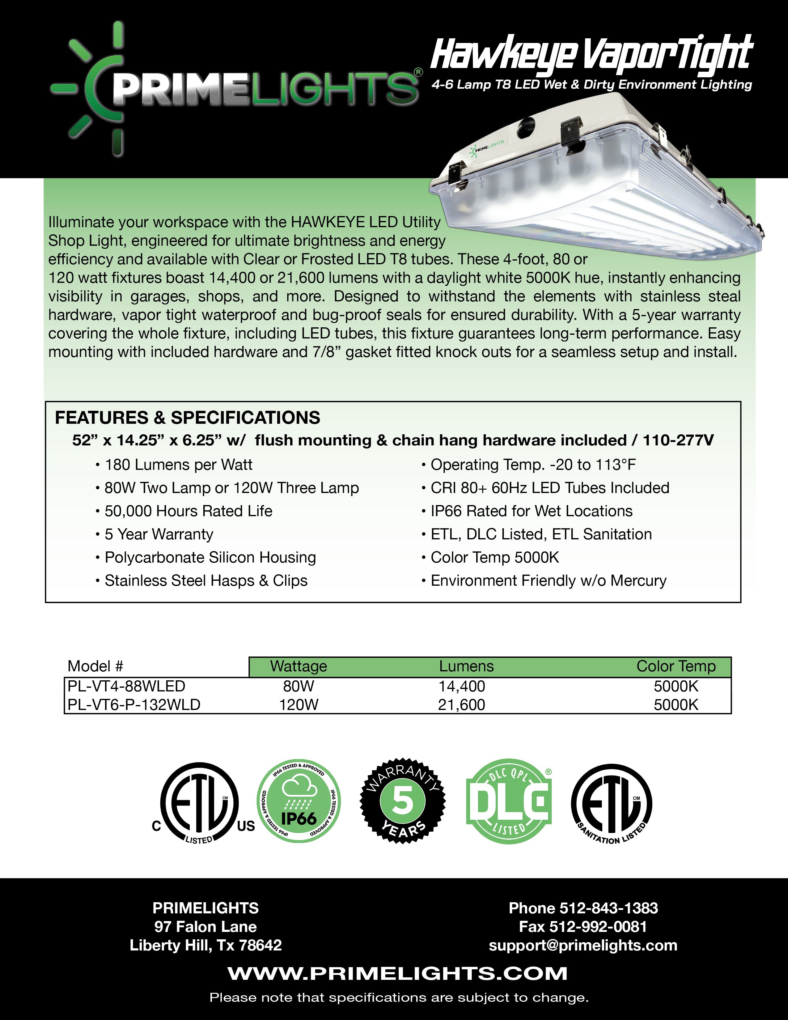 HAWKEYE 6 LED Utility Shop Light 4' T8 Vapor Tight 120W Frosted Lamps 21,600 Lumen