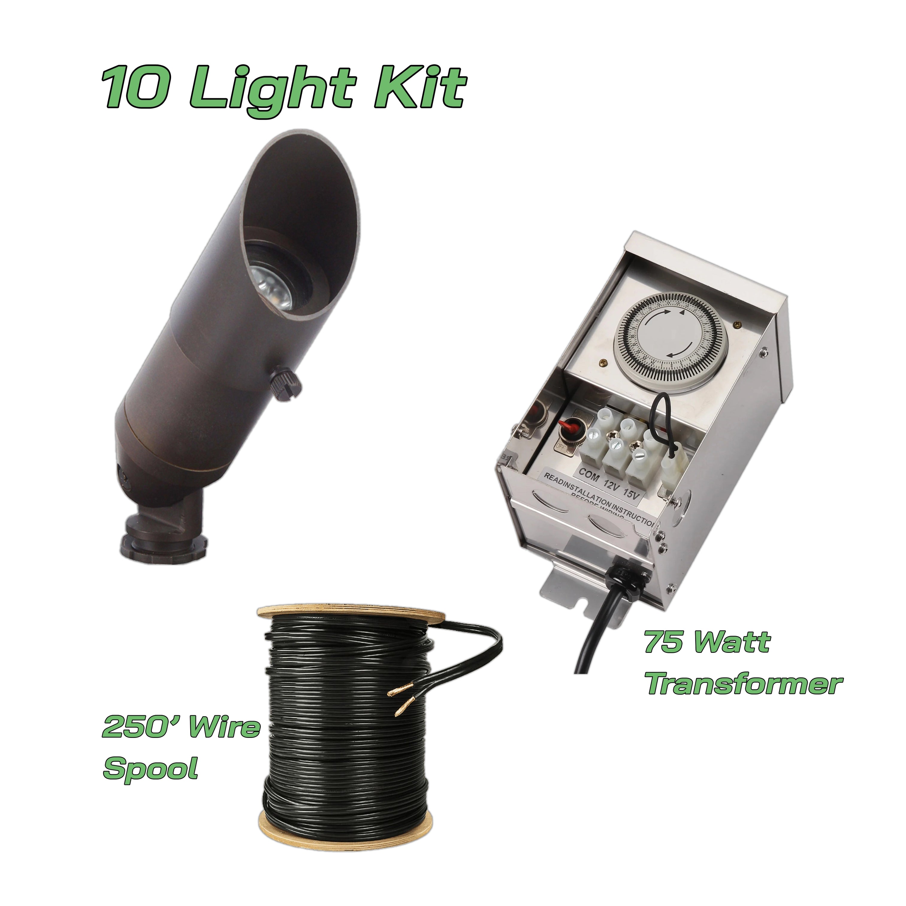 10 Light Kit w/ Transformer & 250' Wire | Bronze or Black