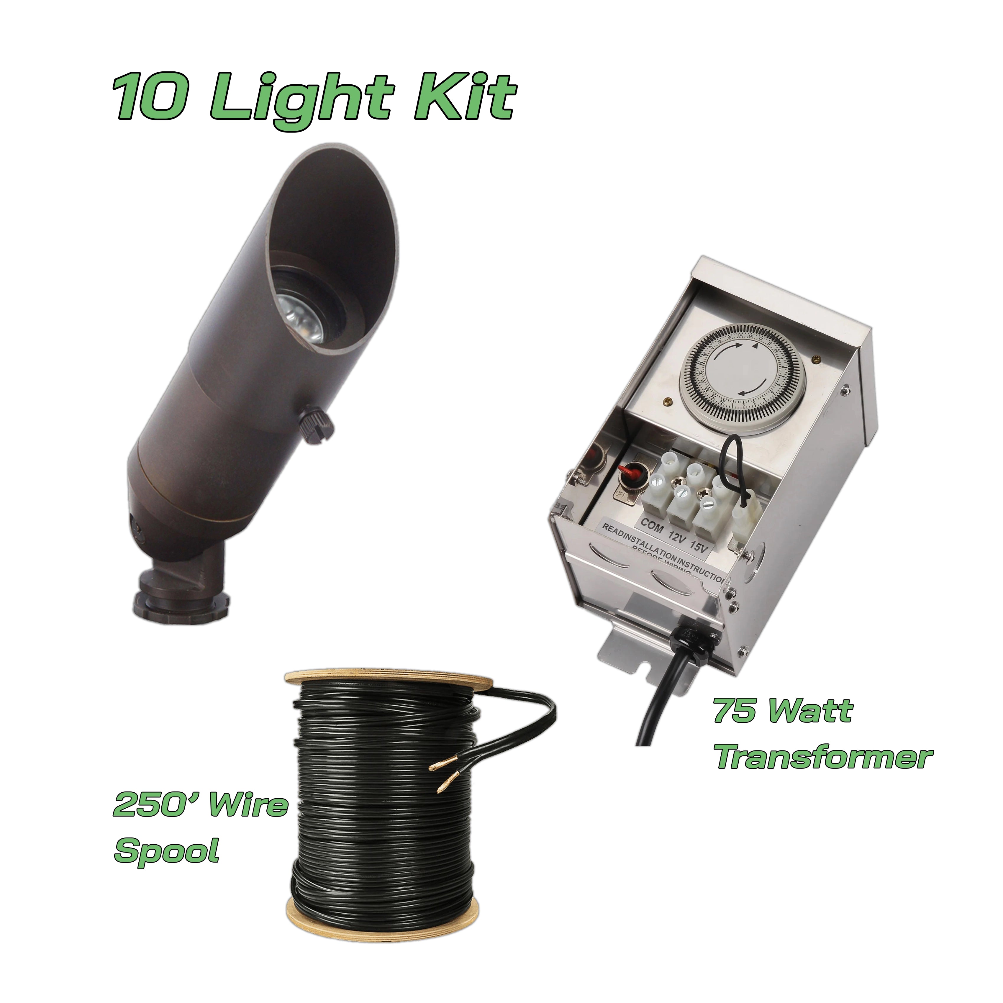 10 Light Kit w/ Transformer & 250' Wire | Bronze or Black