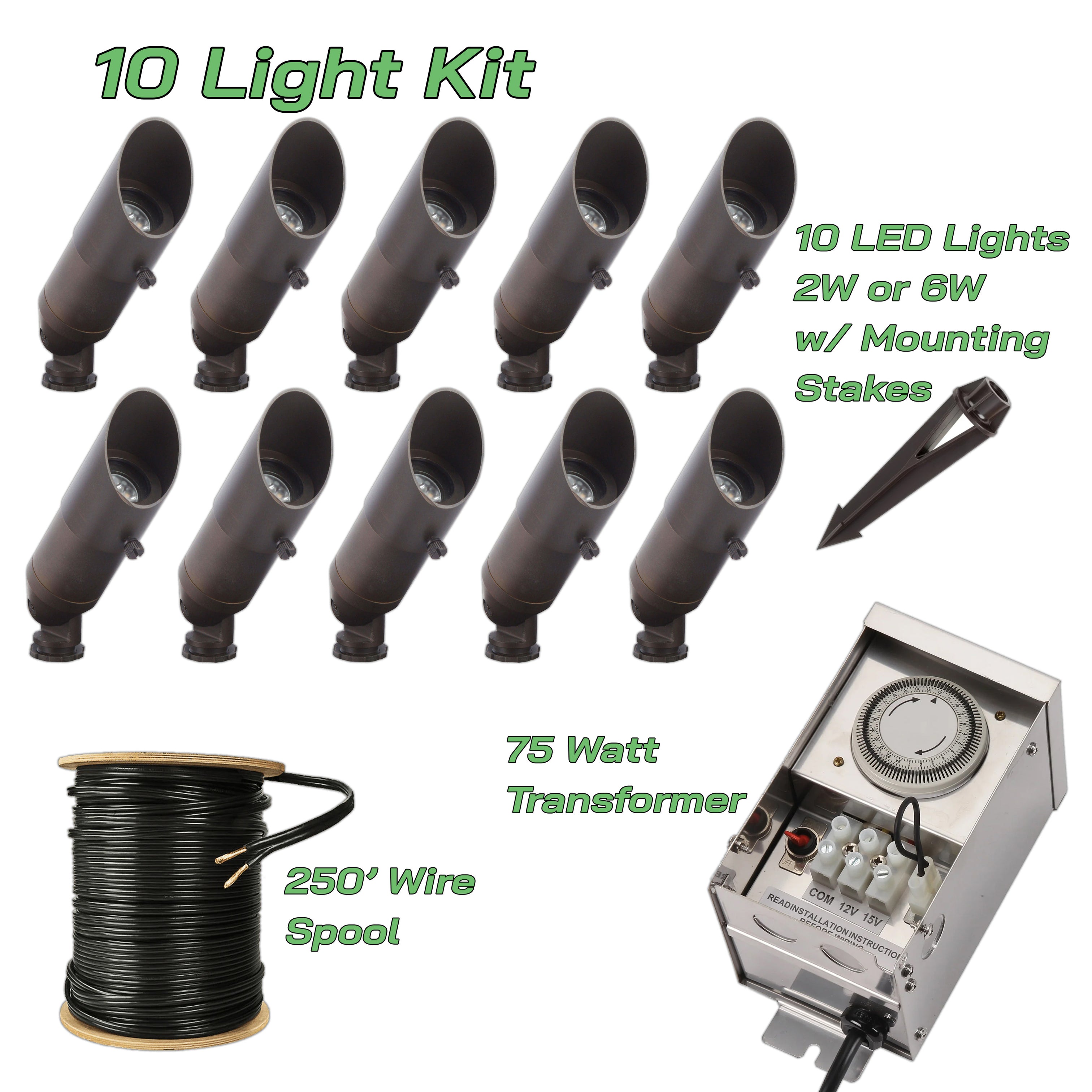 10 LED Accent Light Kit 1 - 75W Transformer w/ 250' Wire | Solid Brass | Matt Bronze or Black | 2700K Warm White