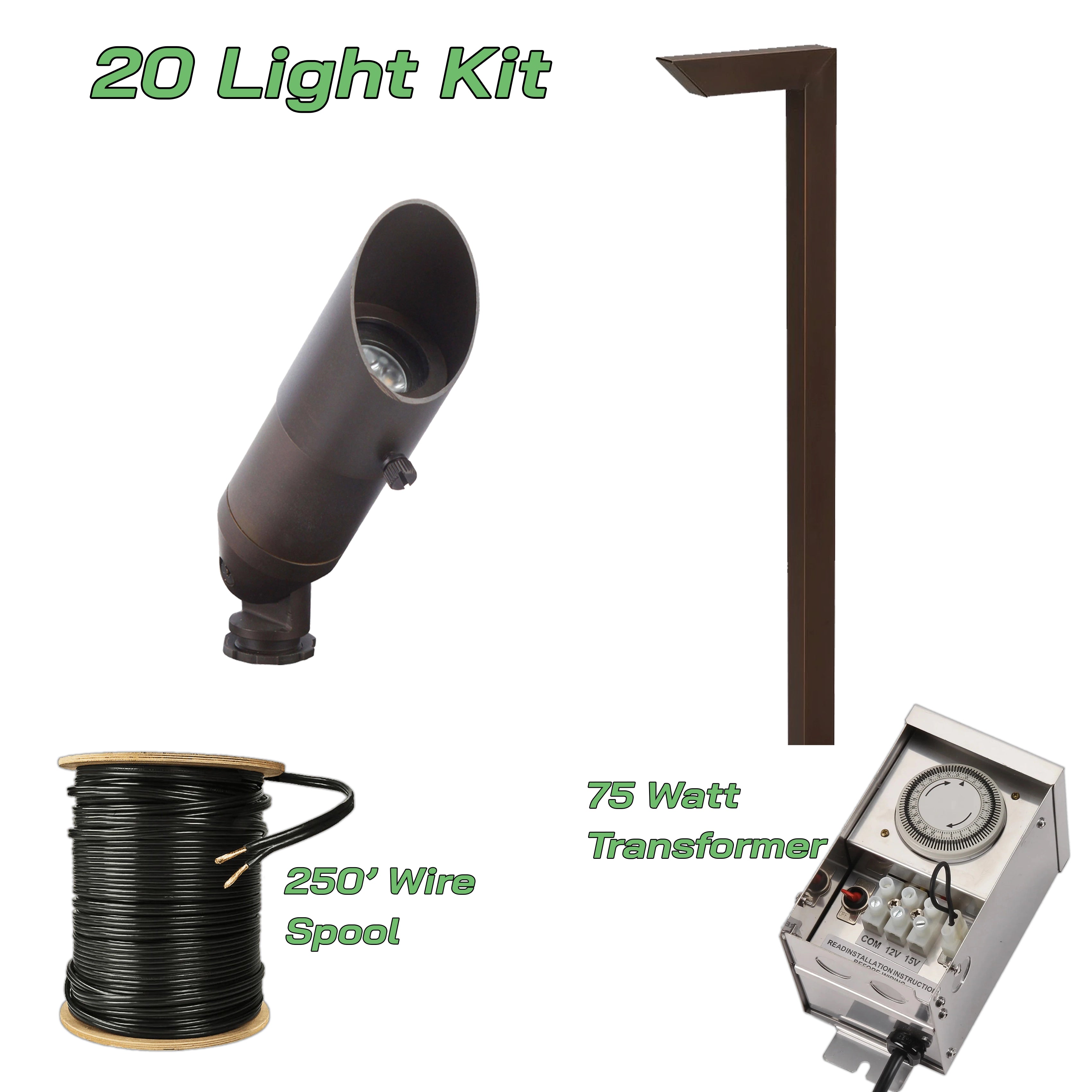 20 Light Kit w/ Transformer & 250' Wire | Bronze or Black
