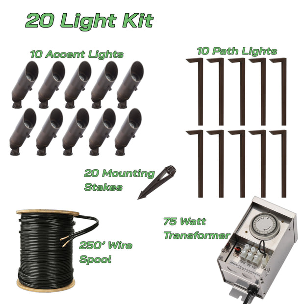 20 LED Light Kit 2 - 75W Transformer w/ 250' Wire | Solid Brass | Matt Bronze or Black | 2700K Warm White