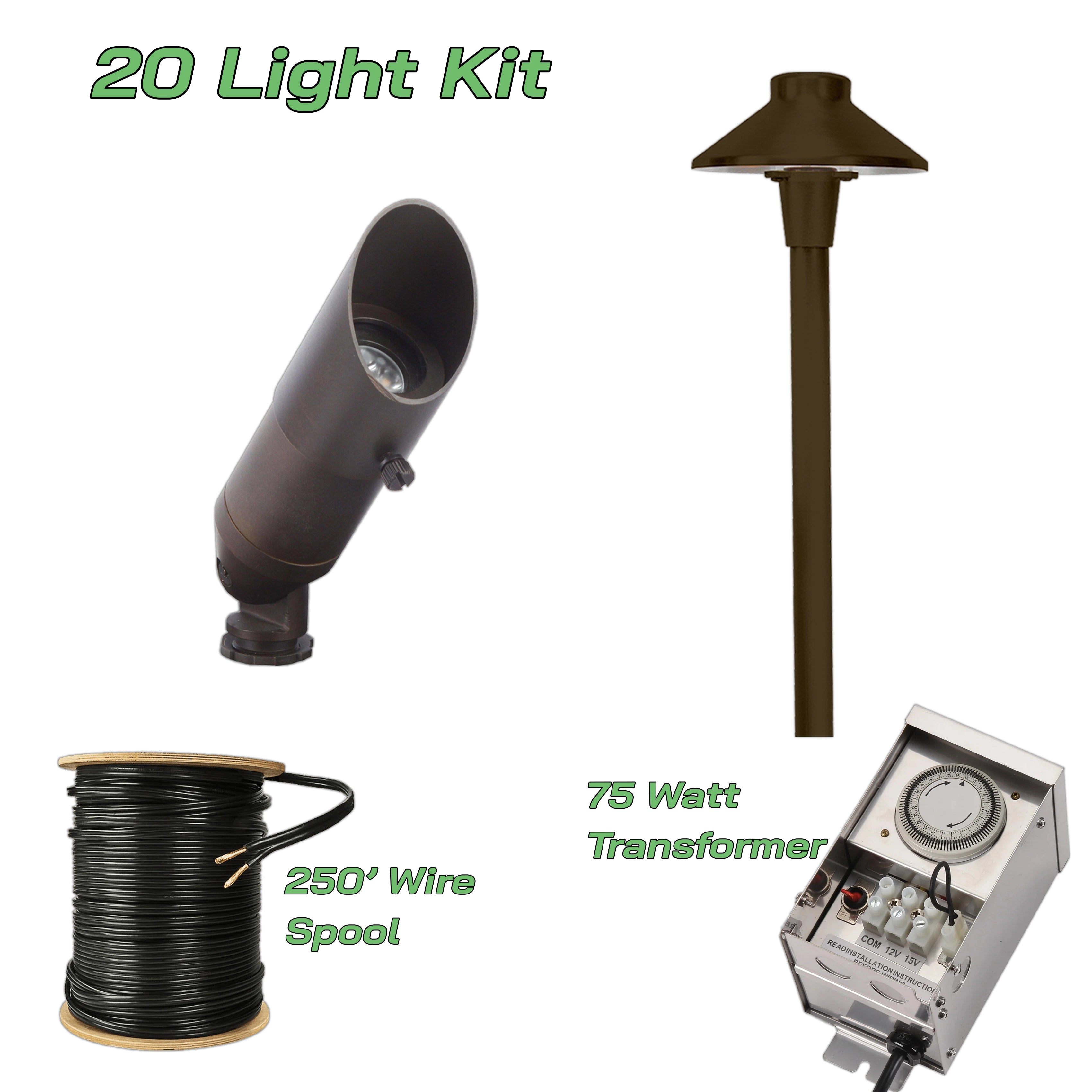 20 Light Kit w/ Transformer & 250' Wire | Bronze or Black