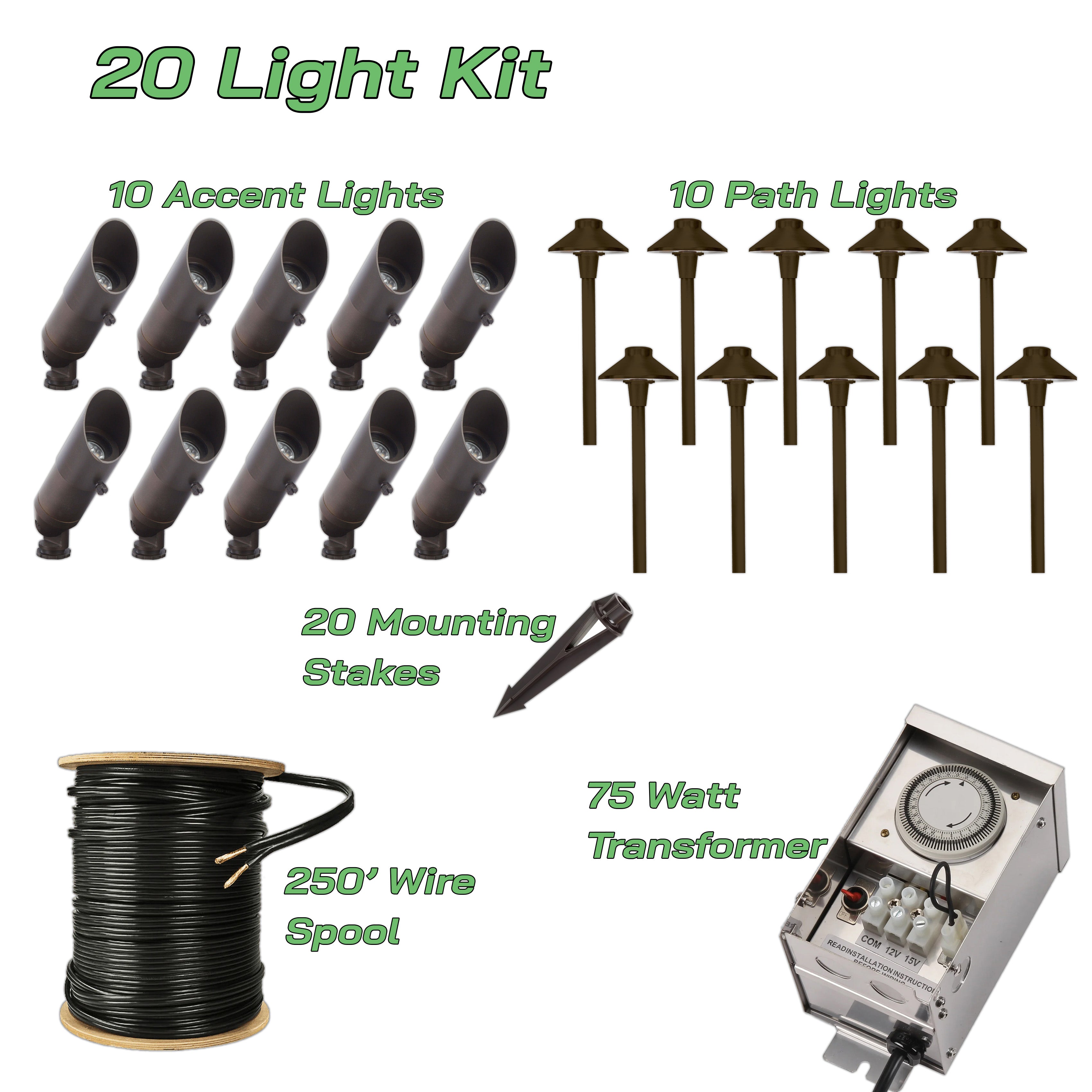 20 LED Light Kit 3 - 75W Transformer w/ 250' Wire | Solid Brass | Matt Bronze or Black | 2700K Warm White