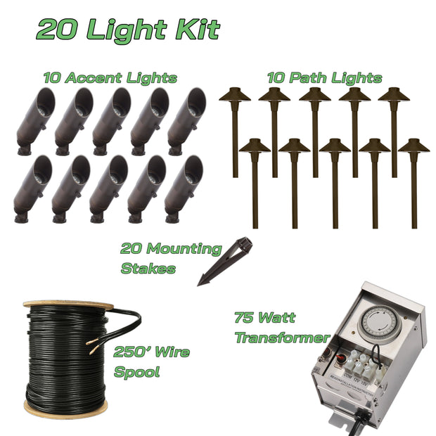 20 LED Light Kit 3 - 75W Transformer w/ 250' Wire | Solid Brass | Matt Bronze or Black | 2700K Warm White