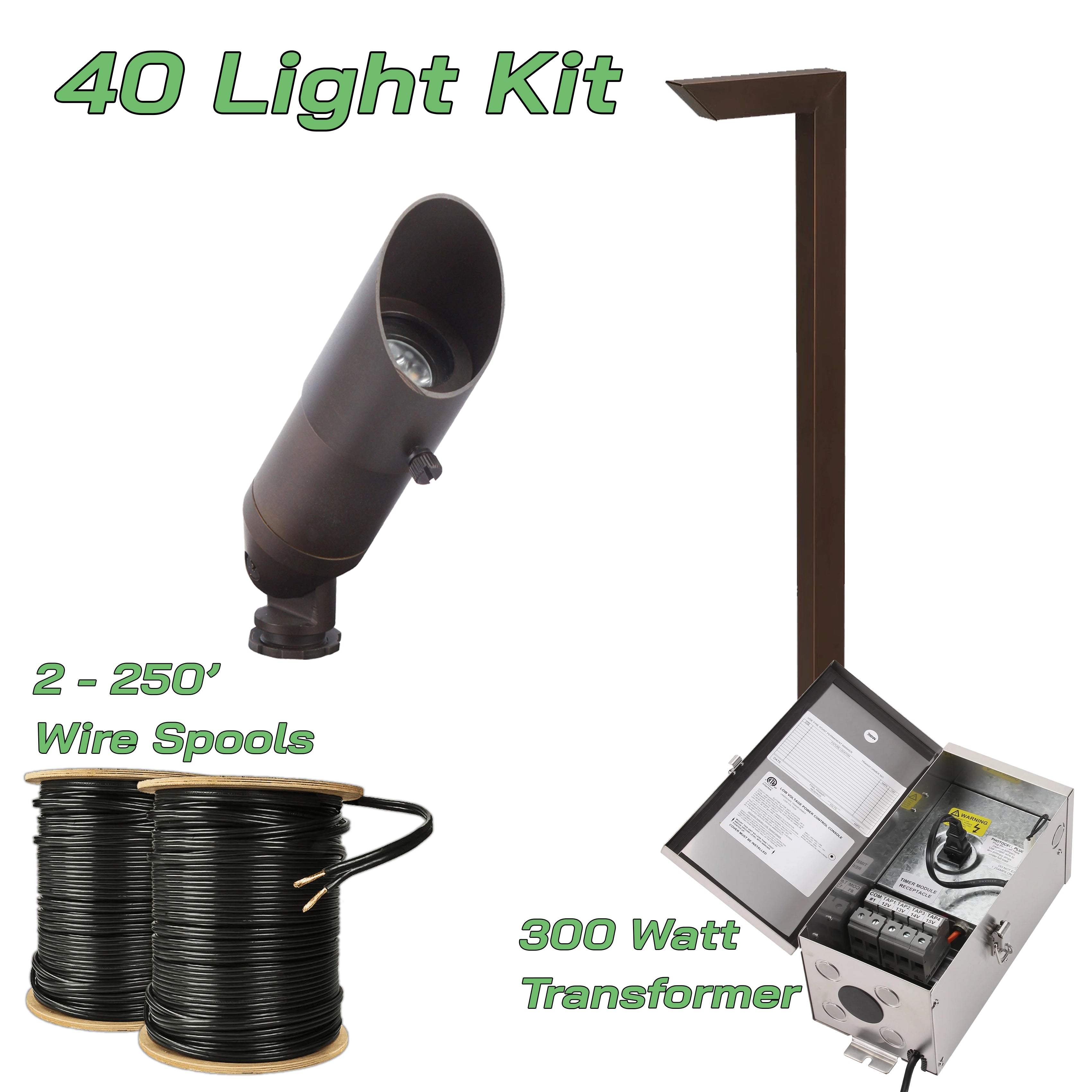 40 Light Kit w/ Transformer & 500' Wire | Bronze or Black
