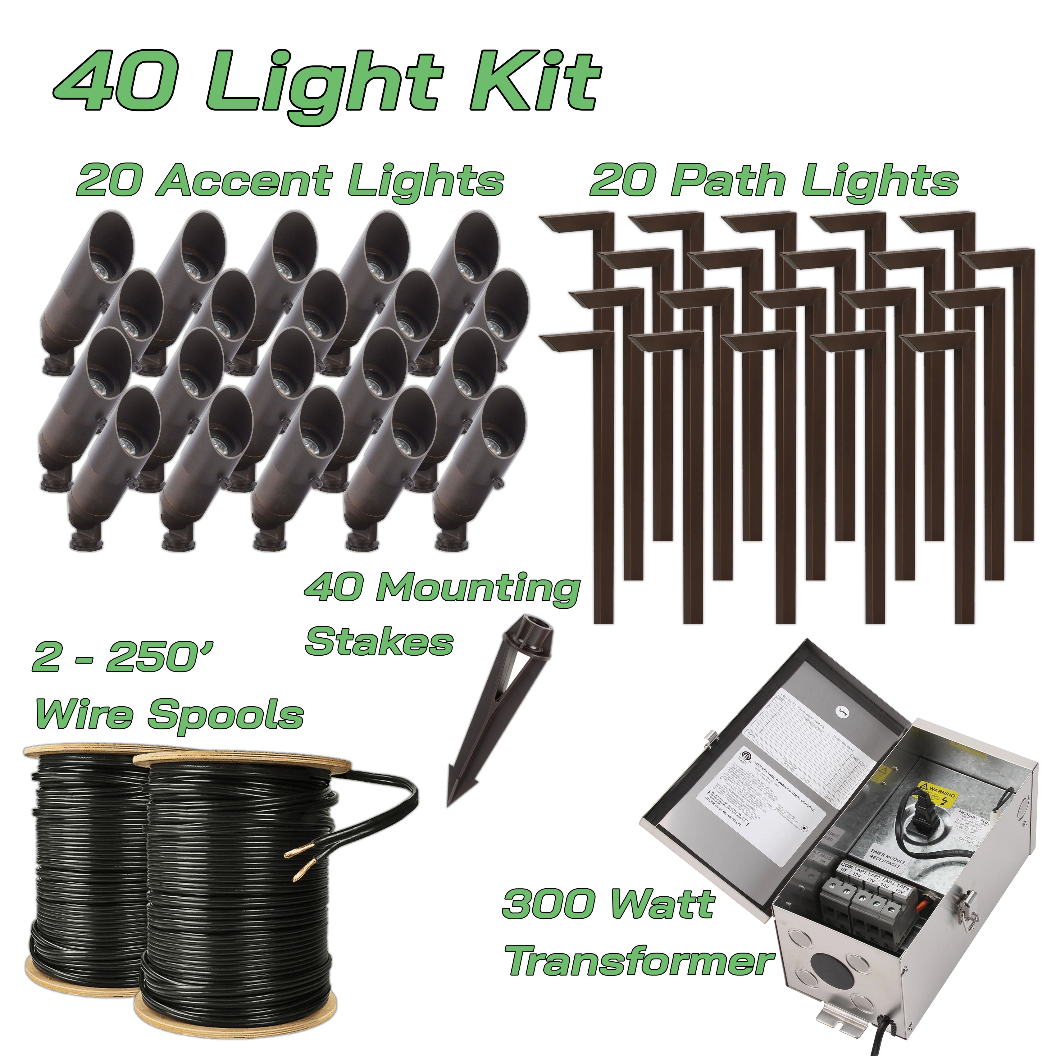 40 LED Light Kit 4 - 300W Transformer w/ 500' Wire | Solid Brass | Matt Bronze or Black | 2700K Warm White