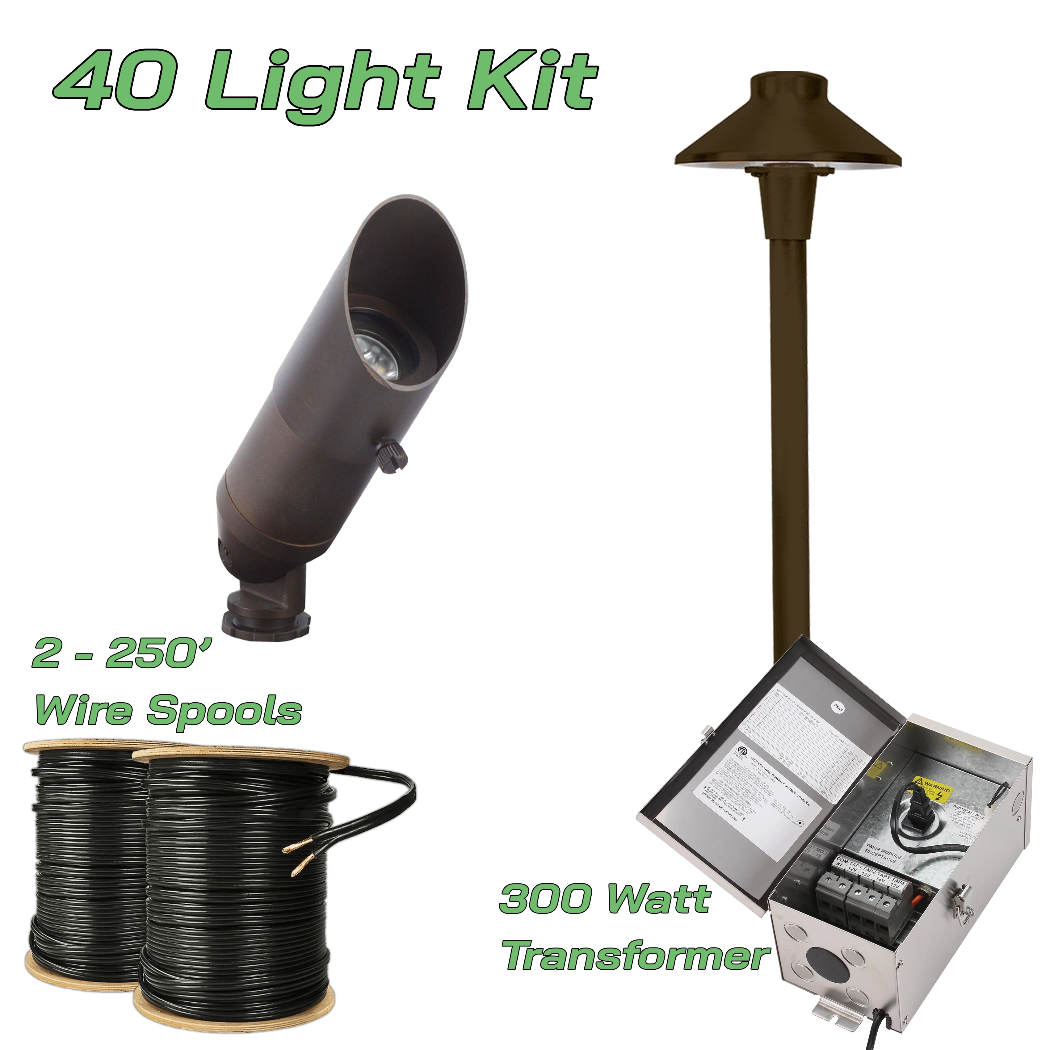 40 Light Kit w/ Transformer & 500' Wire | Bronze or Black