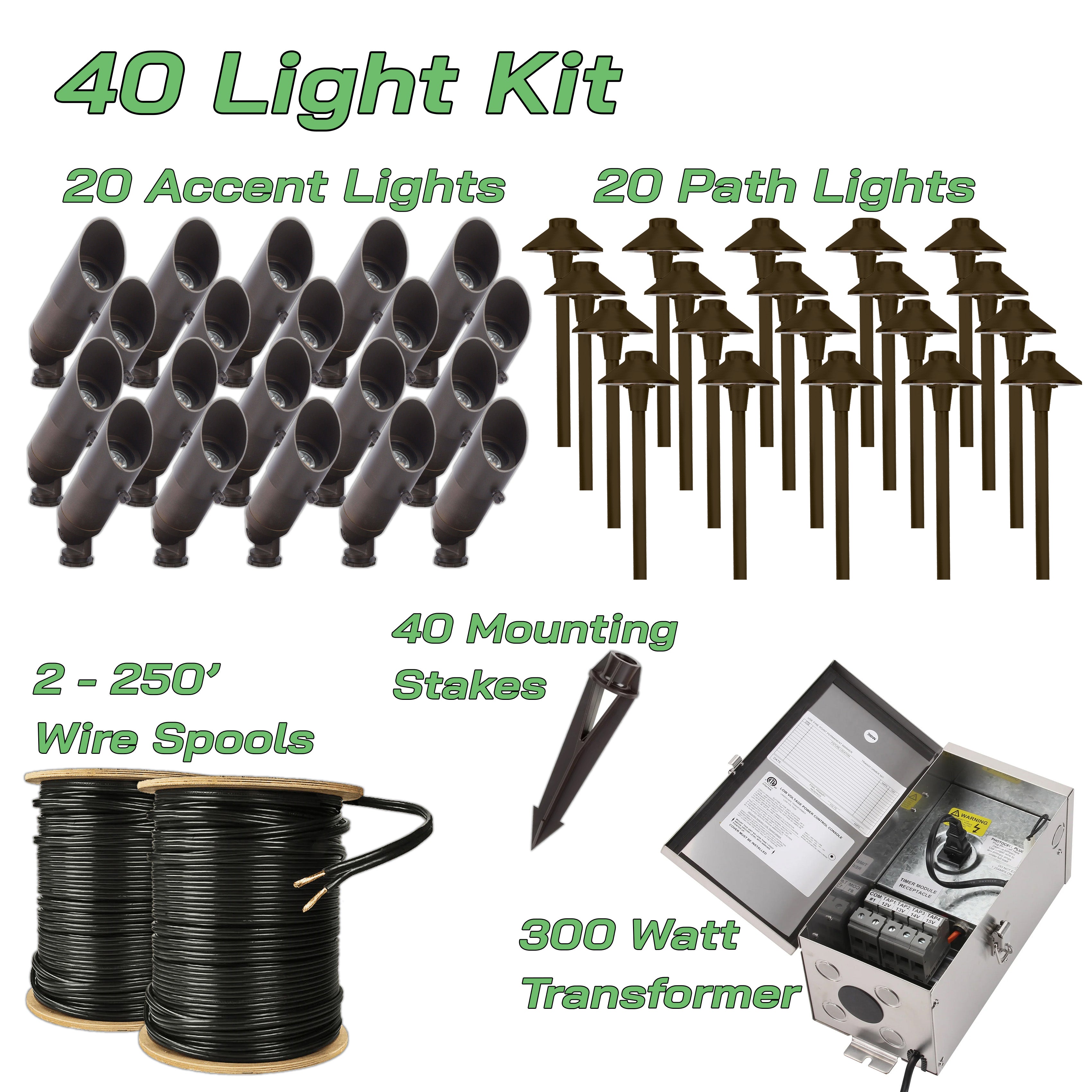 40 LED Light Kit 5 - 300W Transformer w/ 500' Wire | Solid Brass | Matt Bronze or Black | 2700K Warm White