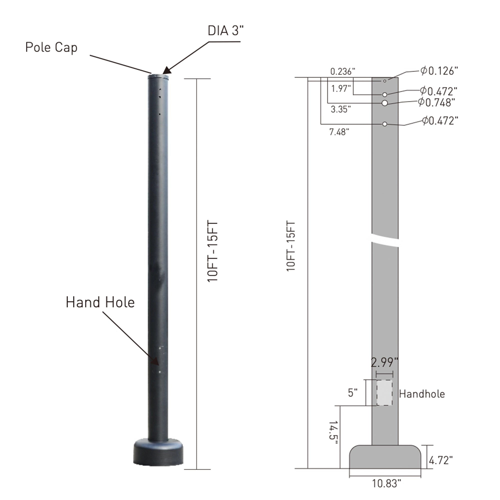 10-15 Ft Round Steel Pole w/ Anchor Bolts & Base - 5 Case Pack