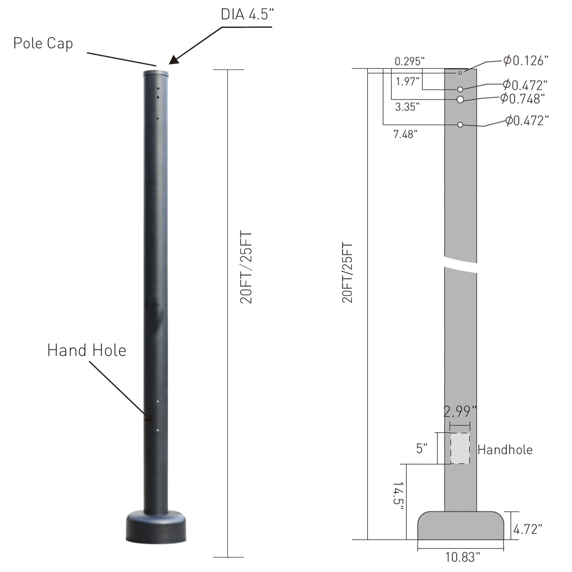 20-25 Ft Round Steel Pole w/ Anchor Bolts & Base - 5 Case Pack