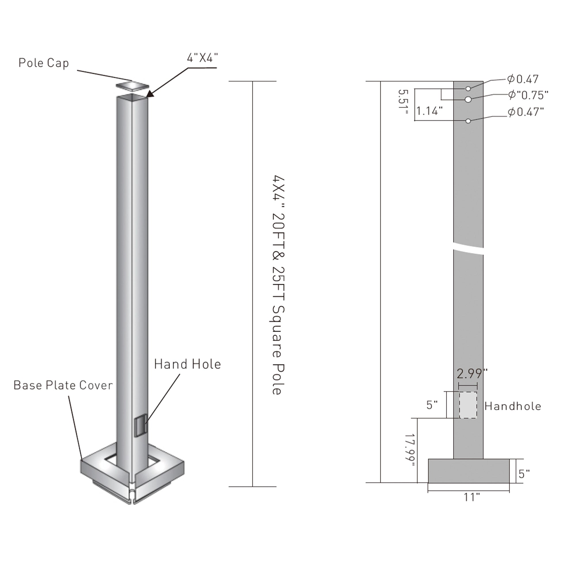 20-25 Ft Square Steel Pole w/ Anchor Bolts & Base - 5 Case Pack