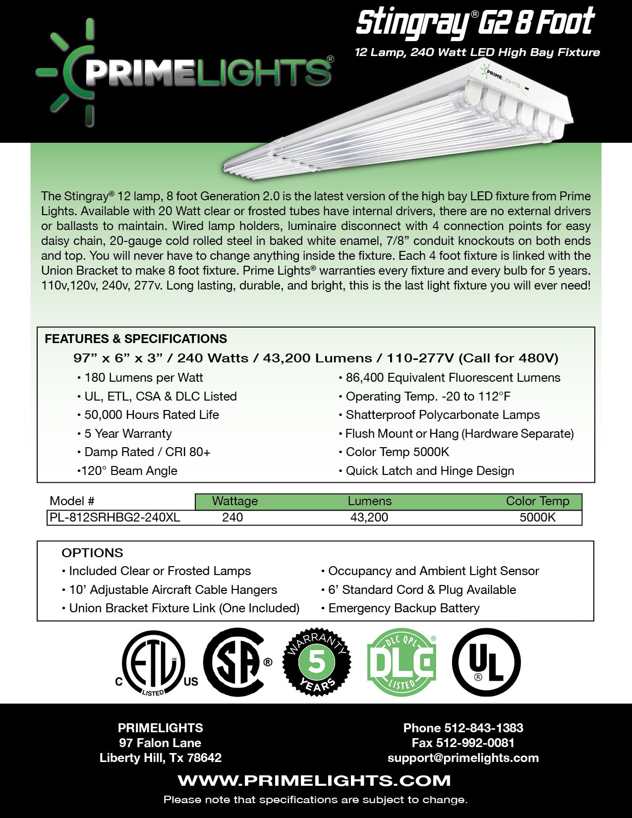 8ft. LED 12 Lamp STINGRAY® GEN 2 (Up to 40 ft Mounting Height) 240W - 43,200 Lumens - Clear/Frosted