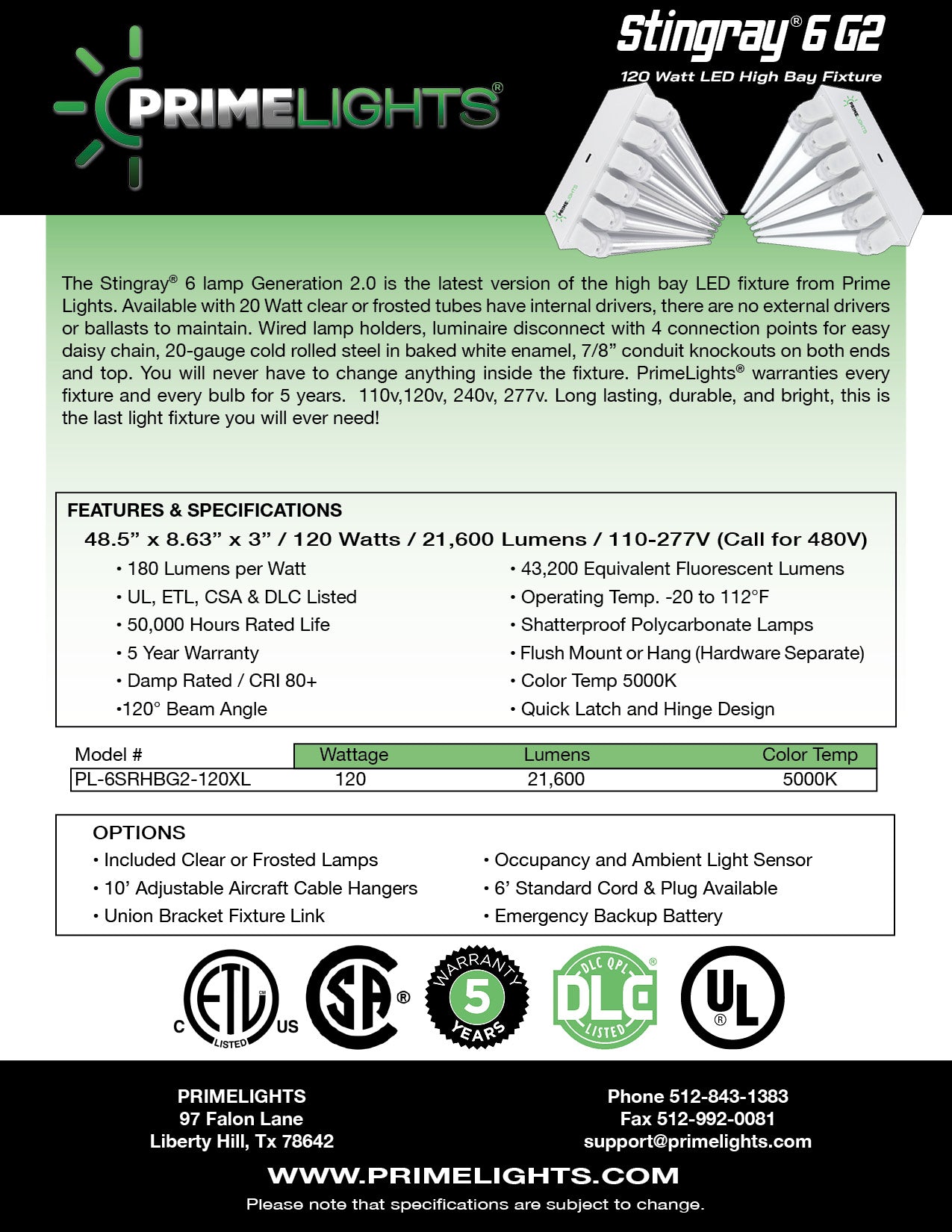 4ft. LED 6 Lamp STINGRAY®  GEN 2: 90 Minute EM Battery Backup (Up to 30 ft Mounting Height) 120W - 21,600 Lumens - Clear/Frosted