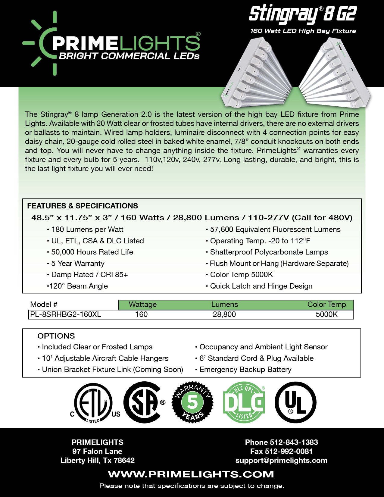 4ft. LED 8 Lamp STINGRAY®  GEN 2: 90 Minute EM Battery Backup (Up to 36 ft Mounting Height) 160W - 28,800 Lumens - Clear/Frosted