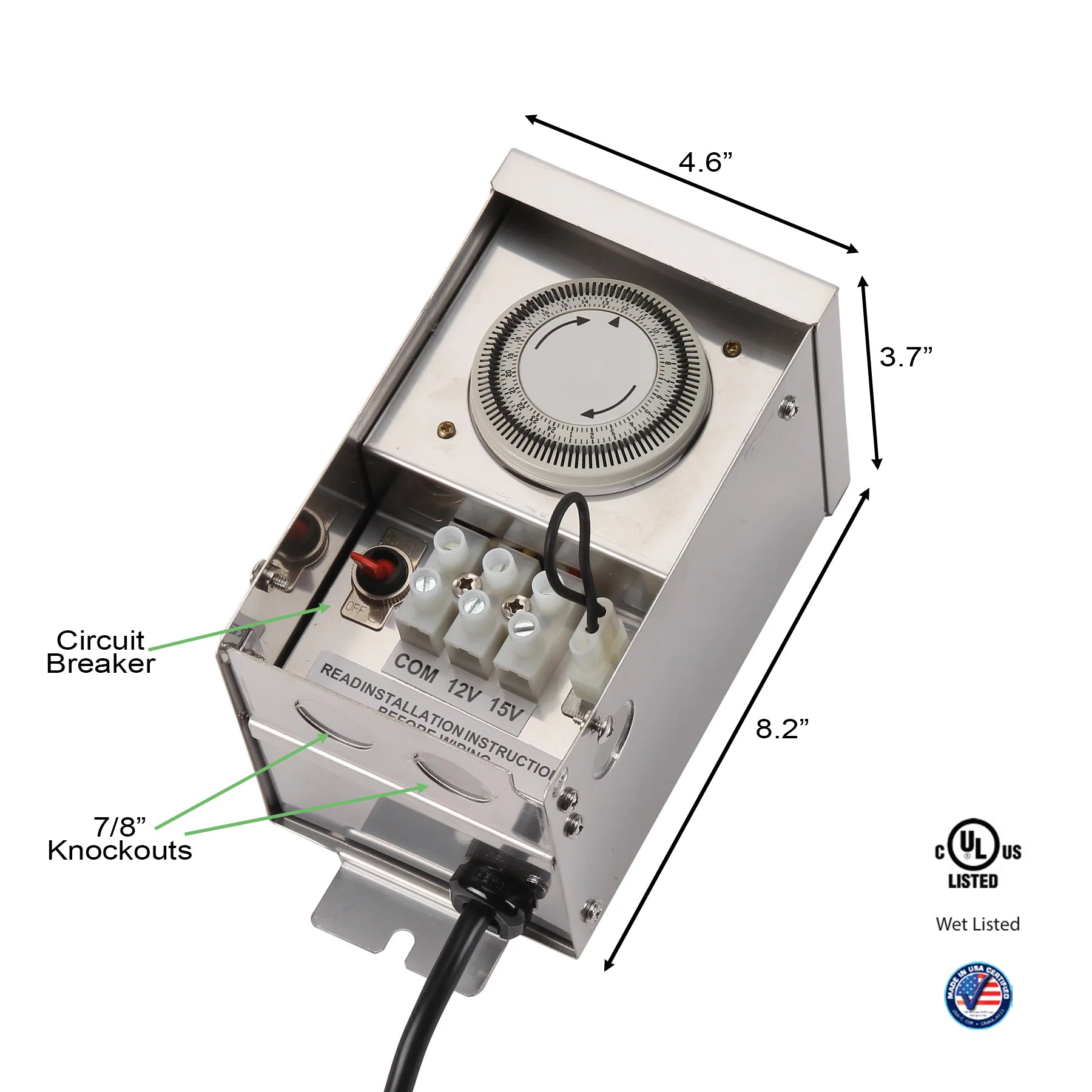 PrimeLights 75W Landscape Lighting Transformer Series | Stainless Steel | 12-15V