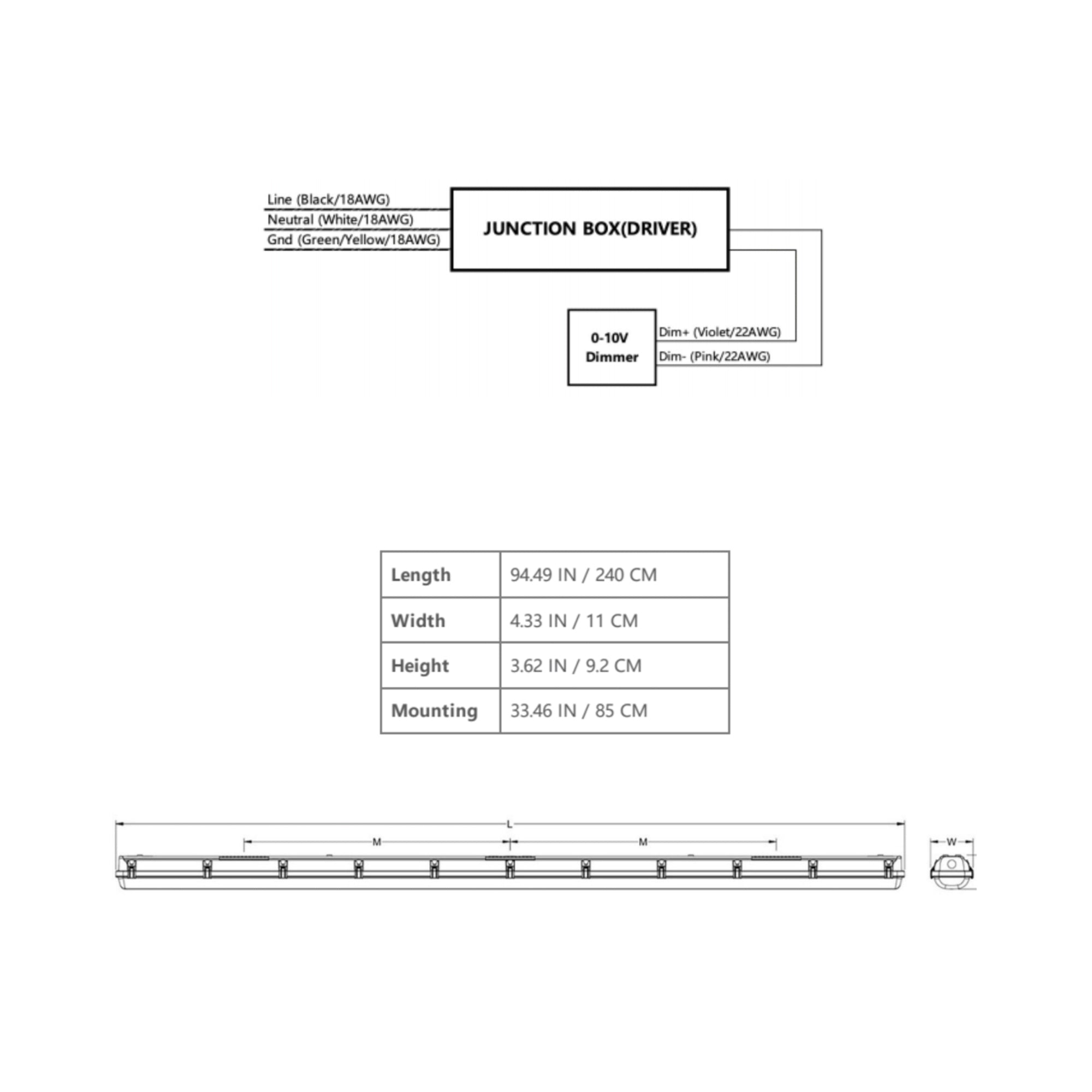 8' ft. LED Vapor Tight Up to 80 Watts/14,400 Lumens, Dimmable (12+ Count Minimum)